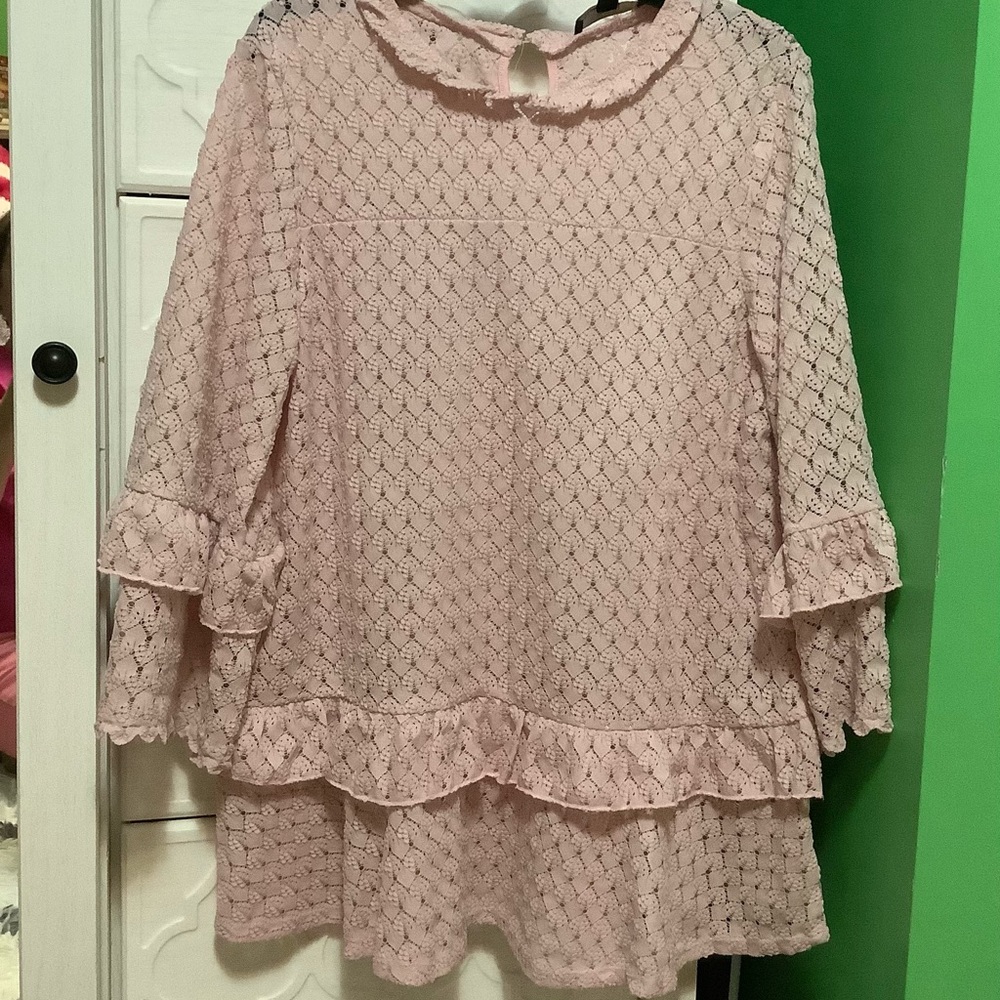 Suzanne Betro pink waffle weave ruffle tunic top large